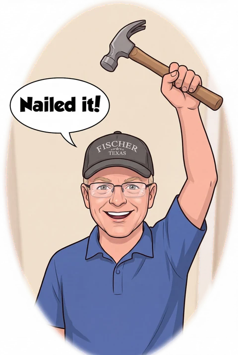 Cartoon of Aaron Vaughn in a Fischer Texas cap, raising a hammer and saying “Nailed it!”