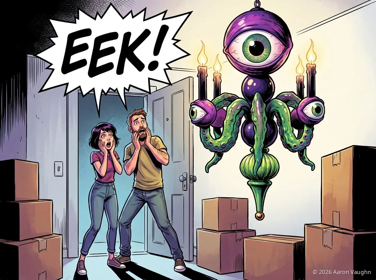 Comic illustration: a startled couple among moving boxes stares up at a hideous purple chandelier covered in eyeballs and green tentacles, under a speech bubble shouting “EEK!”