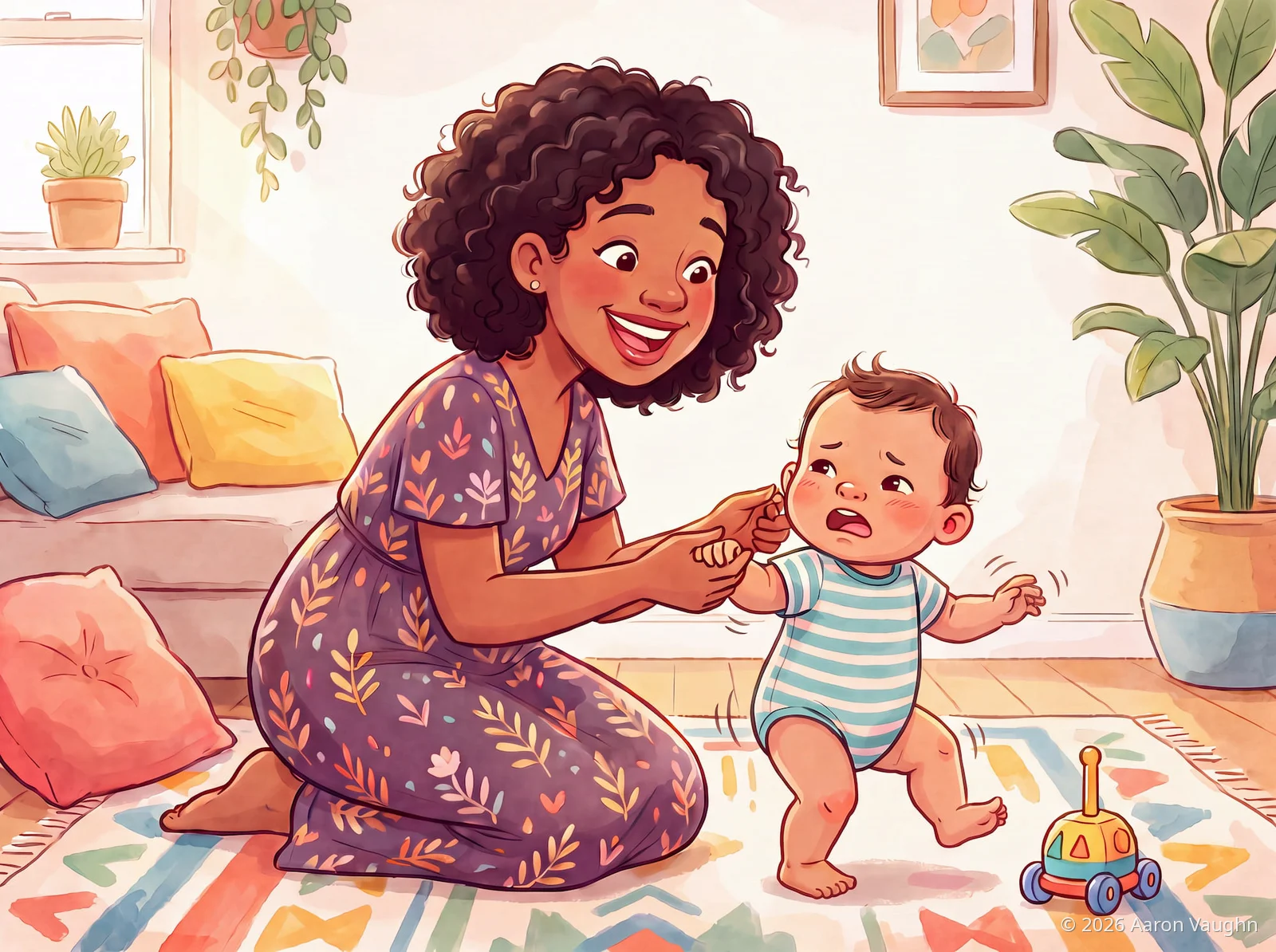 Watercolor illustration: a smiling mother kneels on a living-room rug holding the hands of her wobbly, worried baby as he takes a first step, with a toy car on the floor nearby.