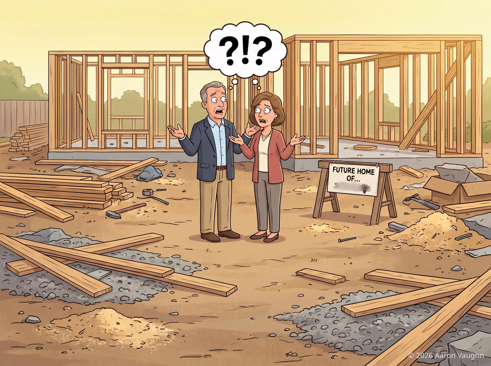 Cartoon illustration: a puzzled couple stands on a messy job site in front of a half-framed house, shrugging under a thought bubble reading “?!?”, beside a “Future home of…” sign.