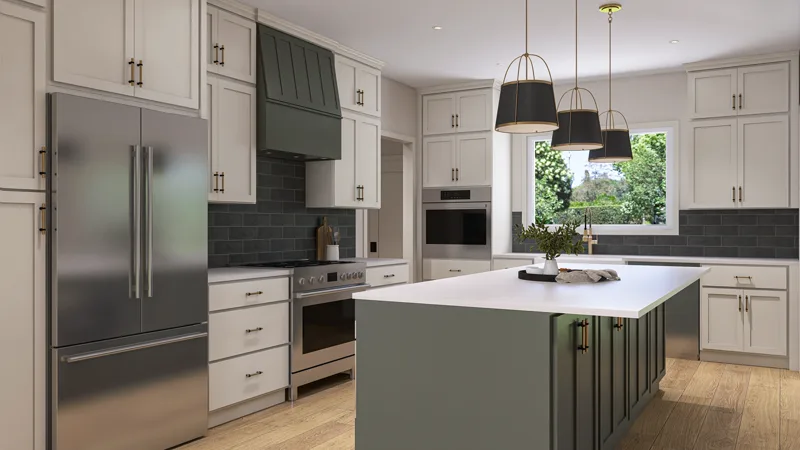 Kitchen design showing pale shaker cabinetry, a sage green island and range hood, brass pendant lights and a dark tile backsplash.